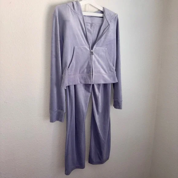 Juicy Couture Lavender Velour Tracksuit Set Rhinestone Logo Hoodie Pants XL NEW